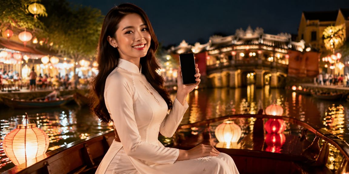 Người dùng tại Hội An mặc áo dài đăng ký tài khoản vnd88 để nhận thưởng nạp tiền lần đầu